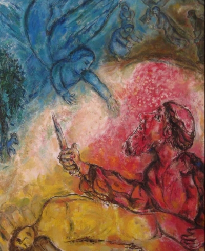 Photo:  Marc Chagall (1960-1966). the sacrifice of Isaac. Abraham is placed in a position of acceptance to the sacrifice, sacrifice that doesn't happen, then the teaching lies in awareness to acceptance of the sacrifice in which the individual is subjected (exploitation of peoples, fanaticism, wars). 