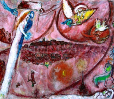 Picture:  Marc Chagall - The Song of Songs III 1960. The Return of the Promised Land. Two persons rise upwards towards the point indicated by an angel bearer of light, and two cities (the material and spiritual world) can be seen in the middle. In the inverted city, there is a dome with a cross and a pilgrim. 